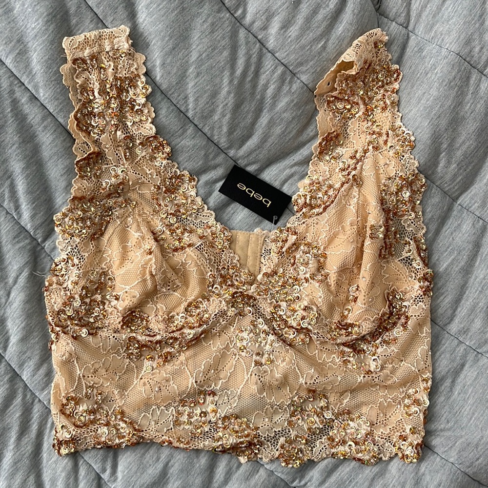 bebe Cropped Beaded Bra Top